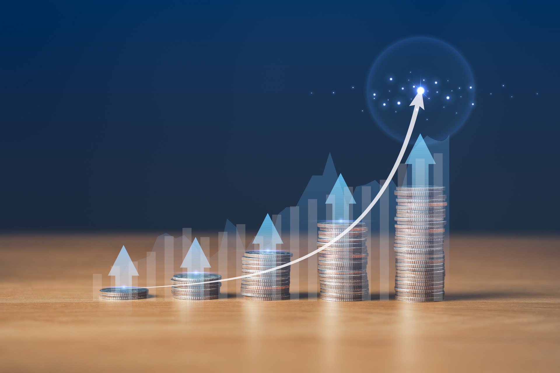 coin stack with arrow for Investment Strategies and Financial Growth.Saving Money and Achieving Financial Goals concept. coin stack with arrow for Investment Strategies and Financial Growth.Saving Money and Achieving Financial Goals concept.